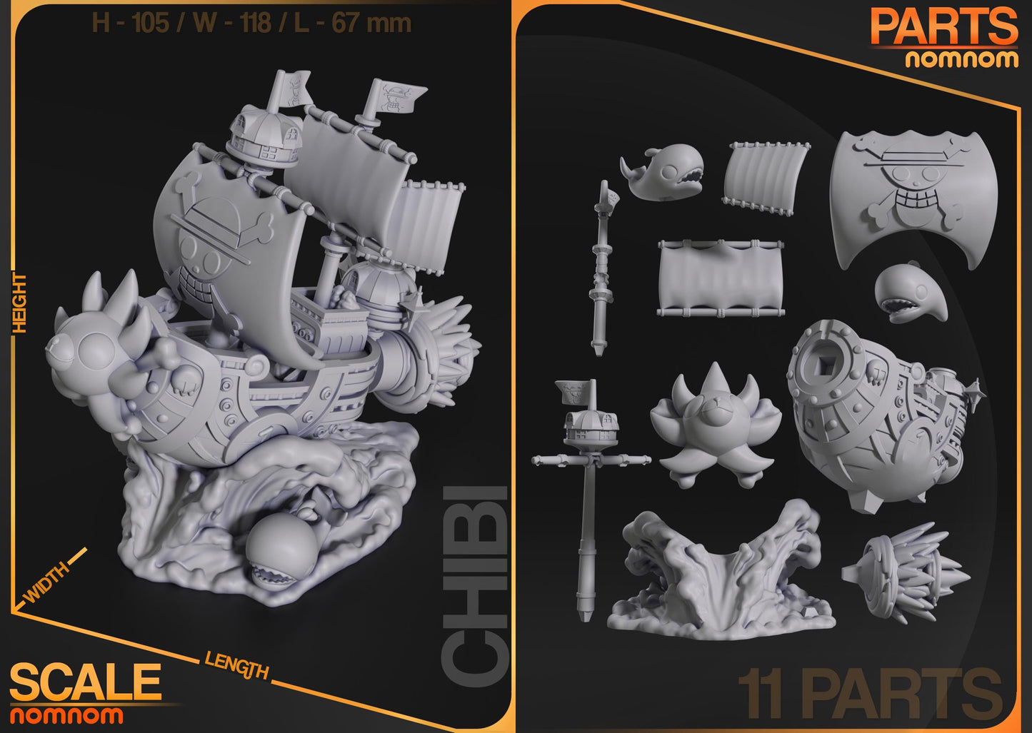 Chibi Thousand Sunny Ship – One Piece Inspired 3D Printed Model | Anime Collectible | Unpainted Resin Kit
